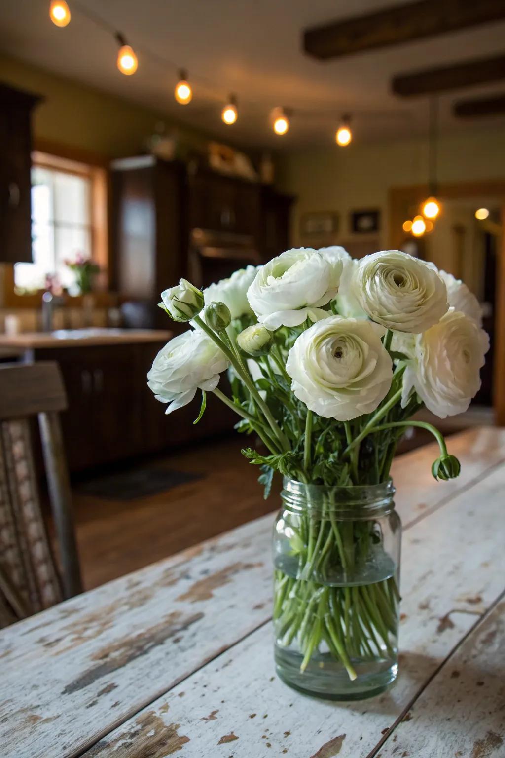 Ivory ranunculus breathing charm into a homespun setting.