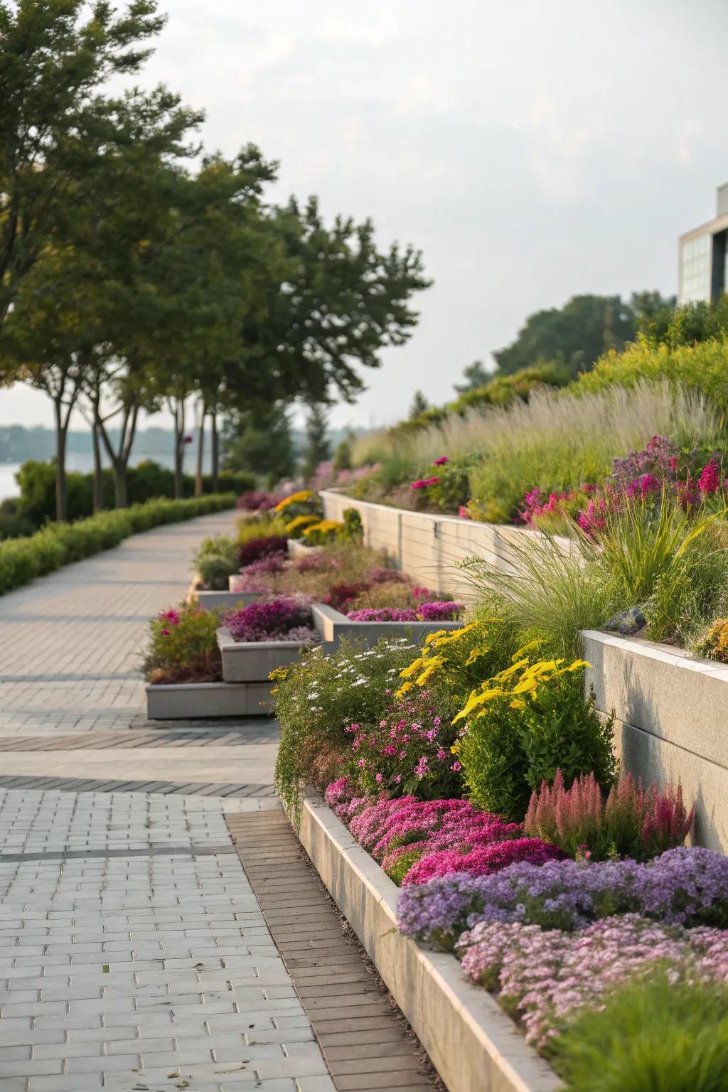 Layered planting beds enhance depth and vibrant color.
