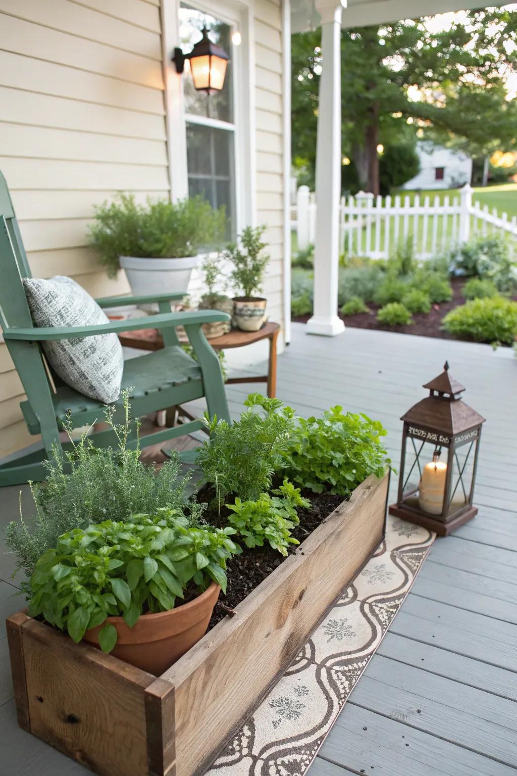 A modest herb garden contributes practicality including greenery to this front porch.