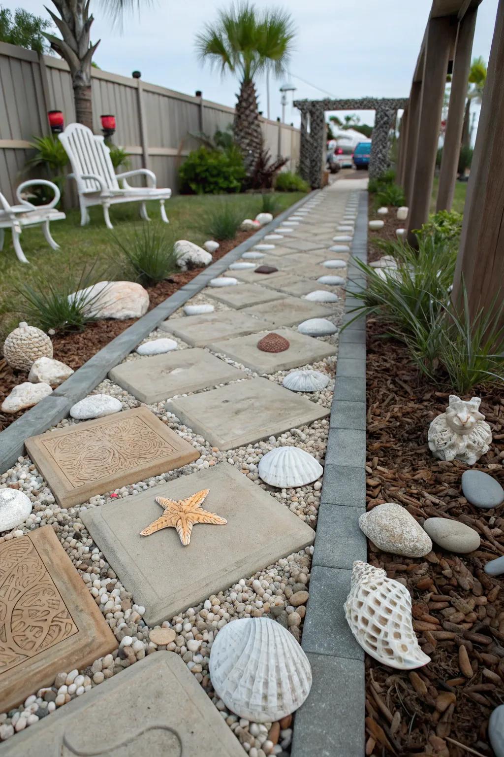 Seashell pavers add coastal charm and texture to your walkway.