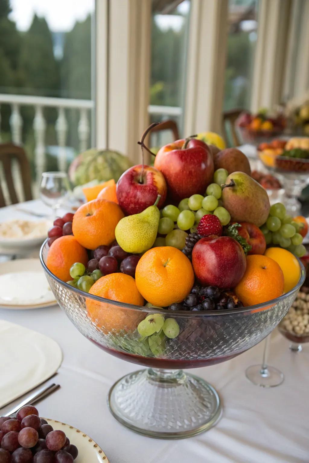 An immense fruit bowl creates a grand and inviting centerpiece.