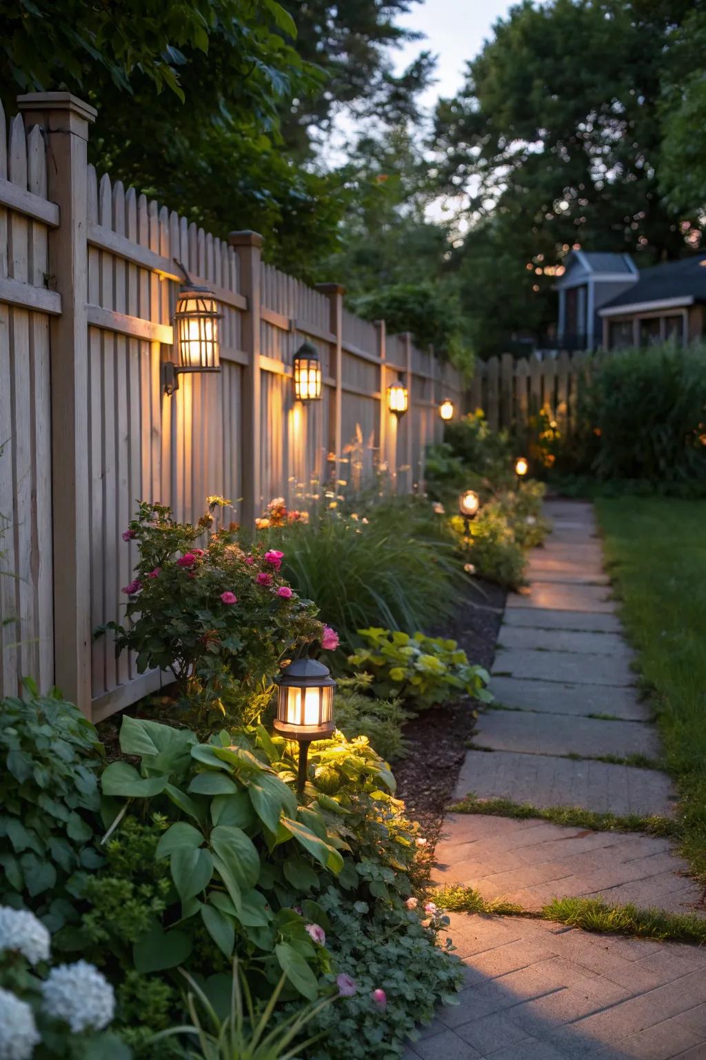 Light sensors brighten the barrier, adding security and ambiance to the garden.