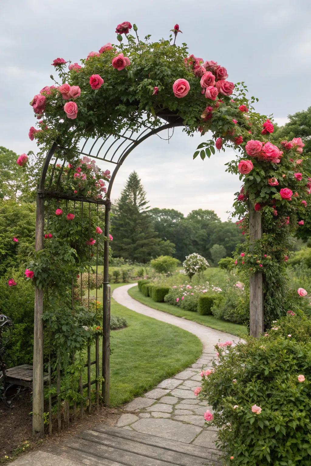 A garden gateway adorned with lush climbing roses.
