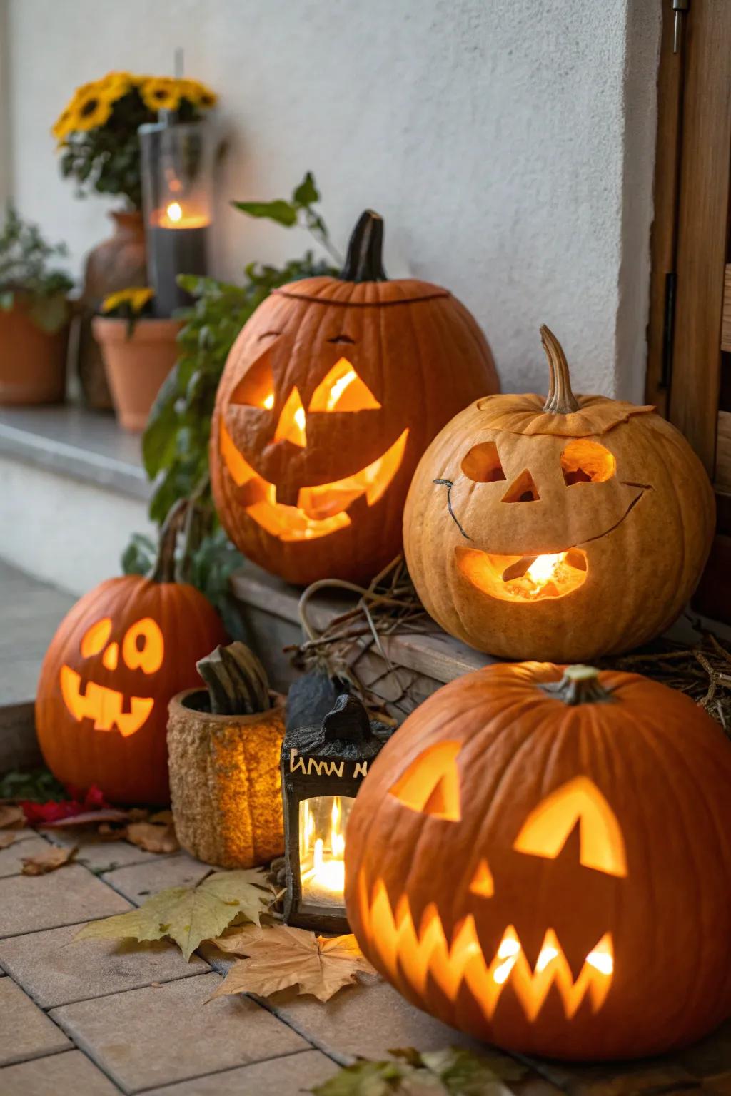 A collection of festive face pumpkins, bursting with personality and appeal.