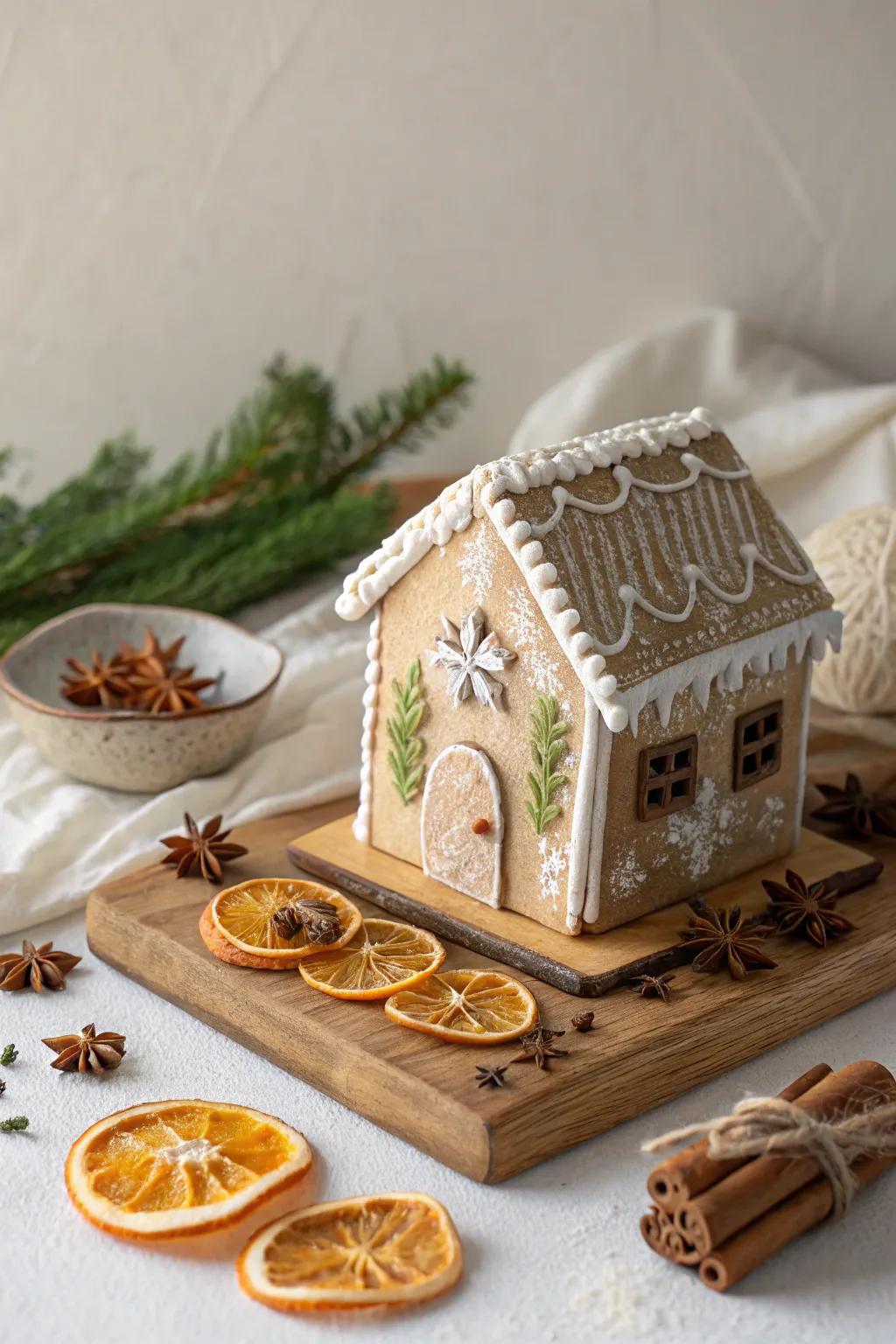 Embrace simplicity and sustainability with this nature-friendly gingerbread house, adorned with nature's own decorations.