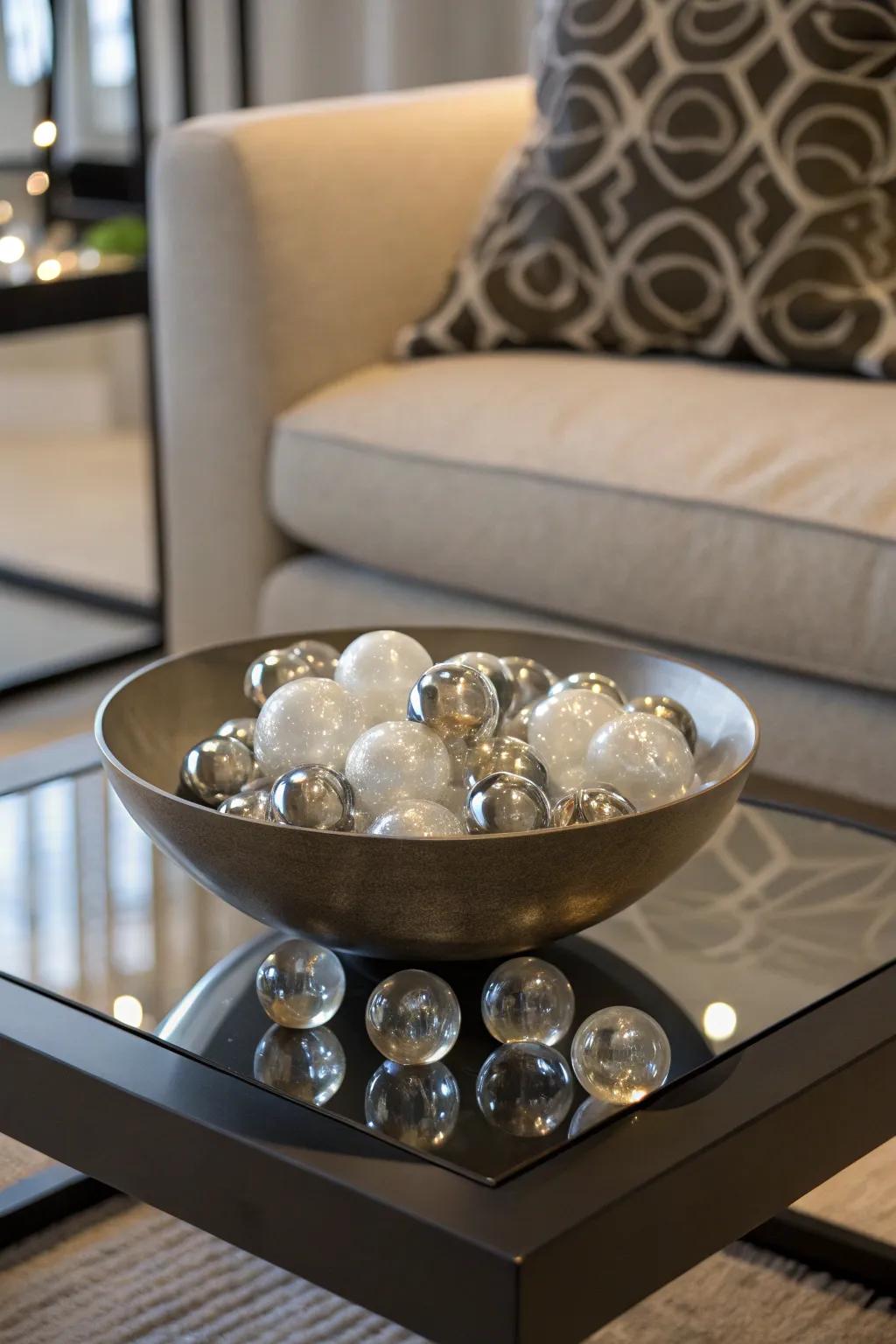 Fashion a chic centerpiece through sculptural bowls and glass orbs.