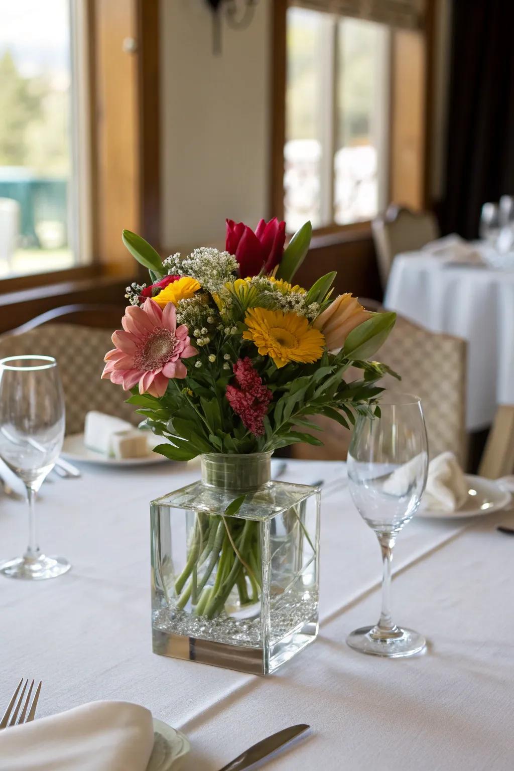 A transparent cube utilized as an elegant vase for blossoms.