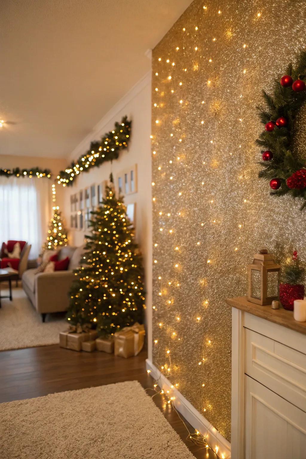 A <strong><em>glitter accent wall</em></strong> adds seasonal shimmer to decorations.” loading=”lazy” class=”pimg”>
	</picture><figcaption>A <strong><em>glitter accent wall</em></strong> adds seasonal shimmer to decorations.</figcaption></figure>
<p>During the holiday season, a <strong><em>glitter accent wall</em></strong> can be the perfect background for festive ornaments. It’s a simple way to improve your holiday decor.</p>
<h3>A few suggestions:</h3>
<ul class=
