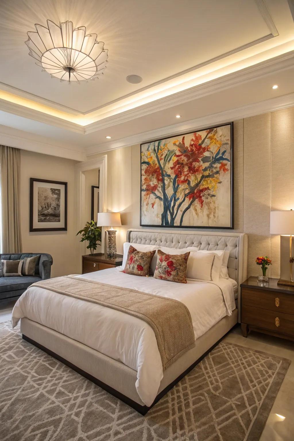 Striking artwork pieces make a breathtaking focal attribute within the area.