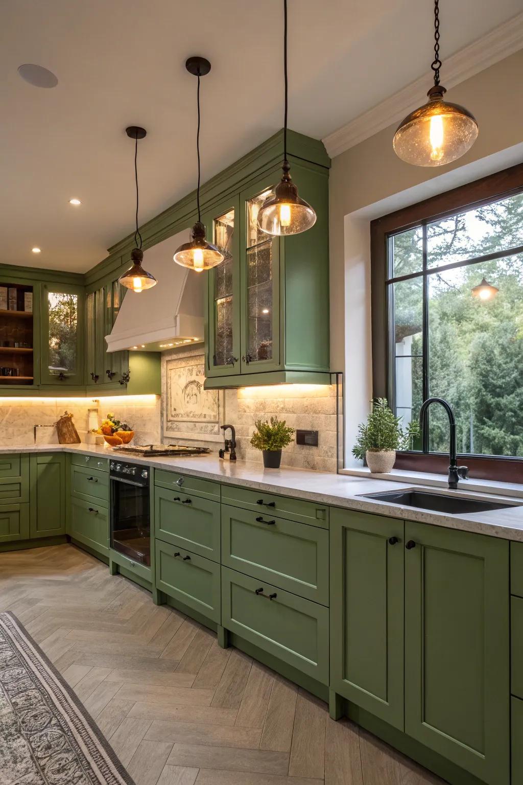 Elegant culinary space featuring green cabinets enhanced by strategic illumination.