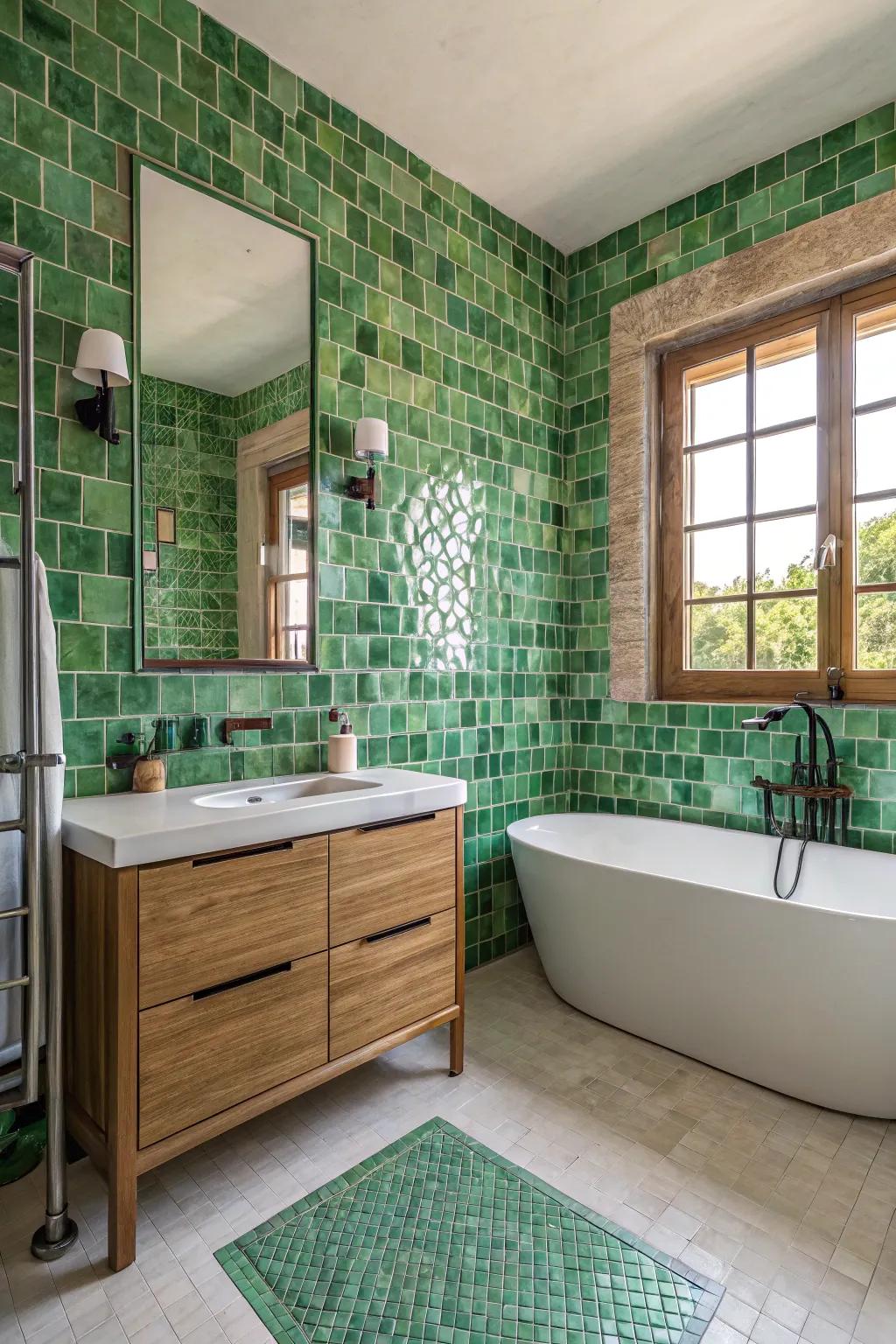Originality and creative texture are incorporated via <strong><em>Zellige</em></strong> tiles.” loading=”lazy” class=”pimg”>
	</picture><figcaption>Originality and creative texture are incorporated via <strong><em>Zellige</em></strong> tiles.</figcaption></figure>
<p>For an authentic, handmade vibe, <strong><em>Zellige</em></strong> tiles in <strong><em>green</em></strong> are ideal. Each piece is a work of art because to its unique finish and texture.</p>
<h3>Some ideas to consider:</h3>
<ul class=