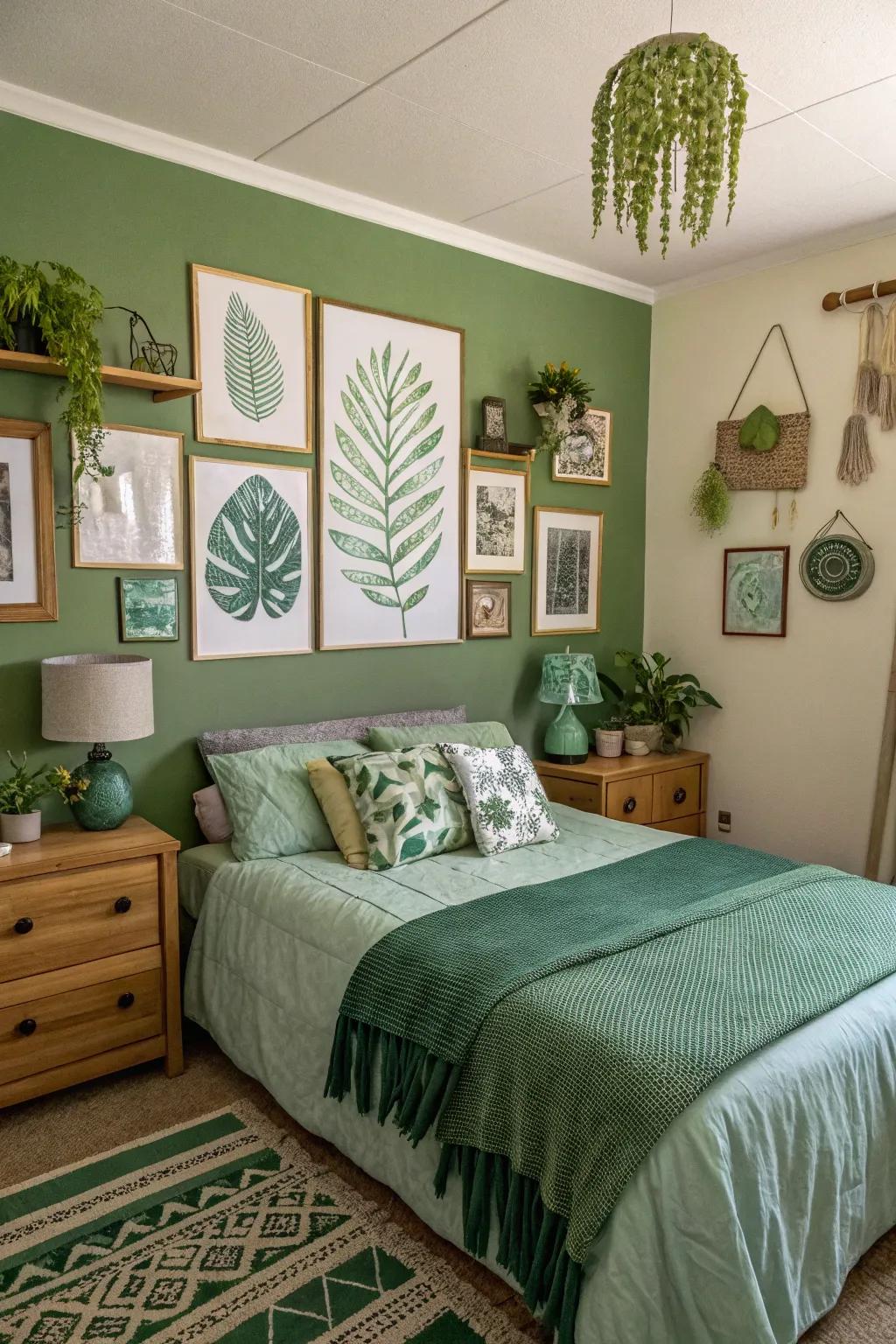 A personalized bedroom with green-themed artwork enhancing its character.