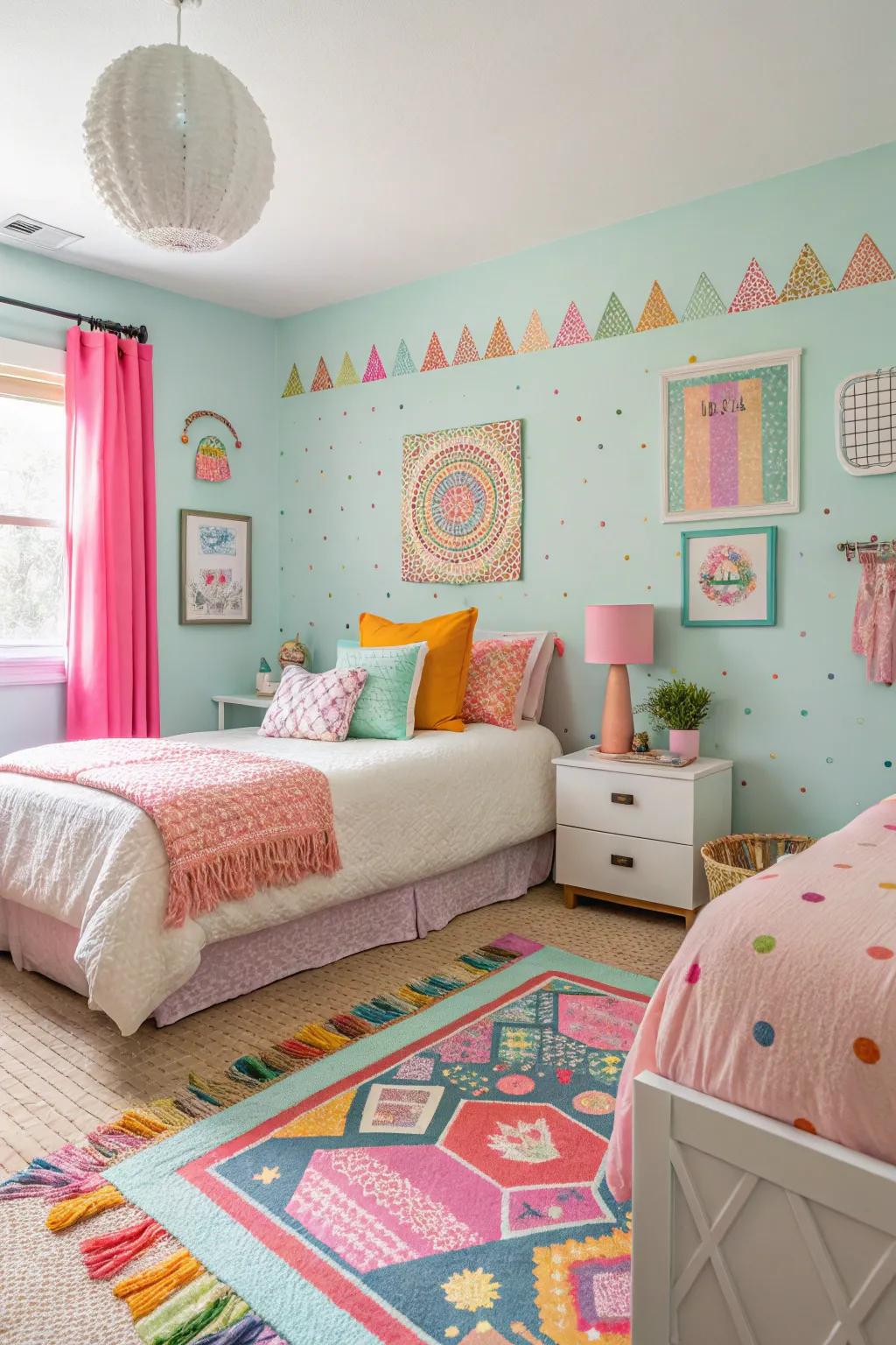 A playful guest room featuring inviting pastel combinations.