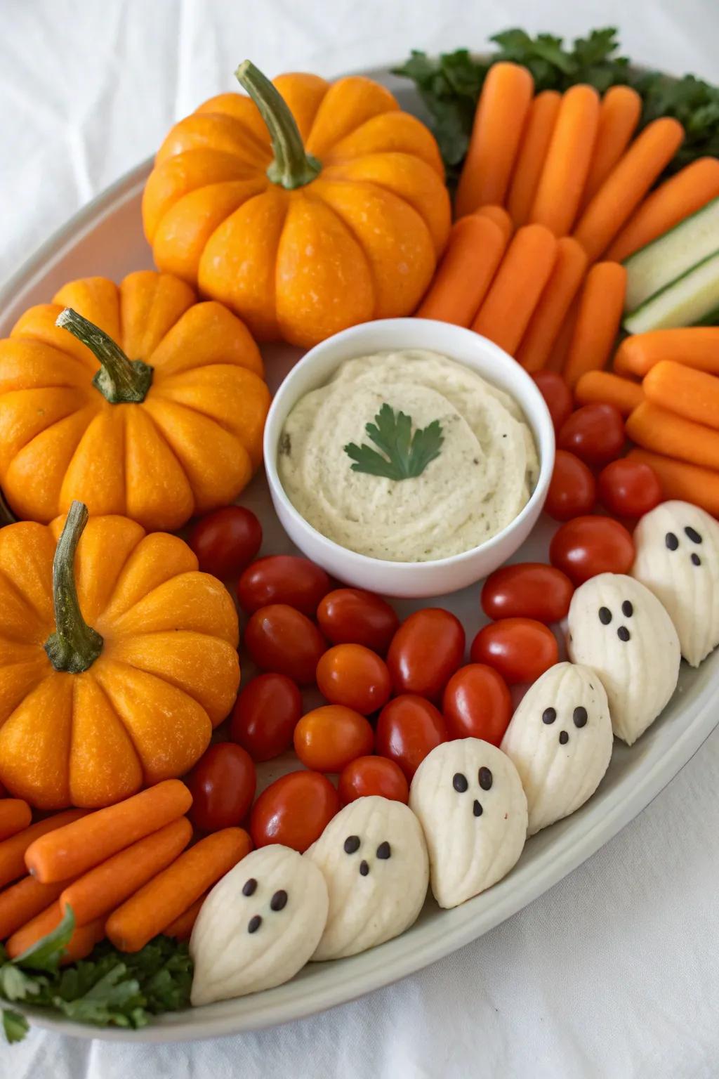 A creepy crawly veggie platter offers a healthy and festive snack.