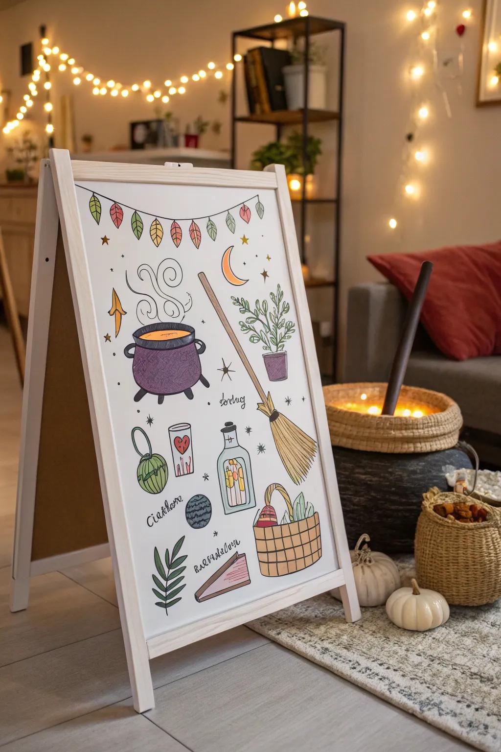 A whimsical wacky sorceress's workshop featured on a whiteboard.