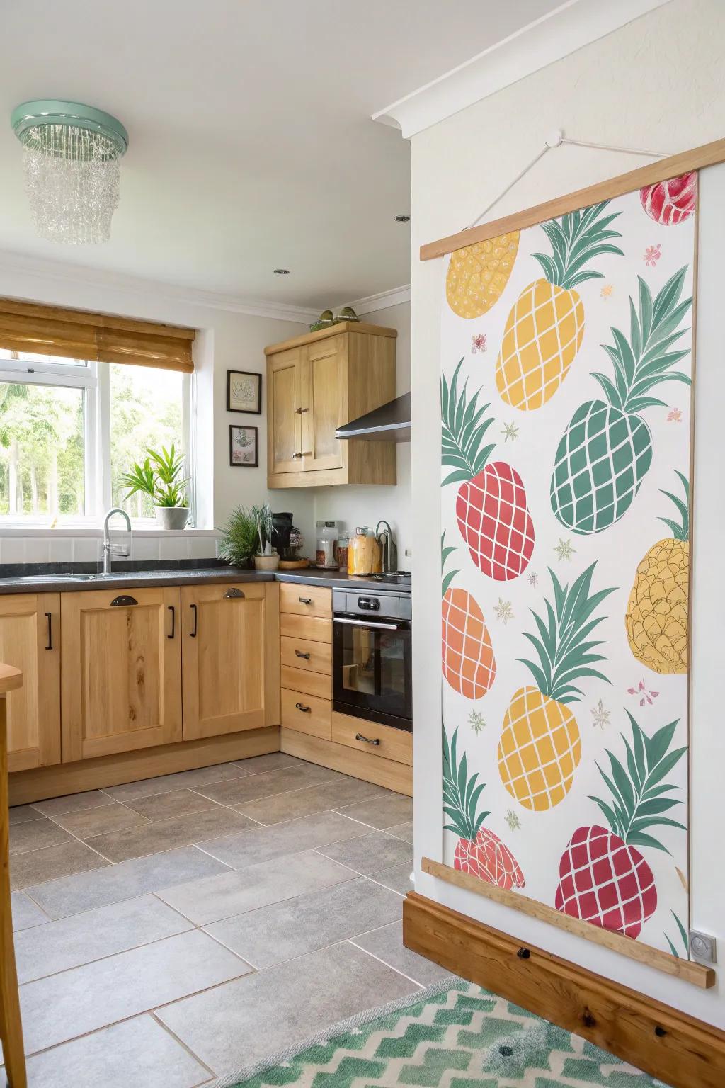 Wall decor with berry patterns introducing cheer to a kitchen.