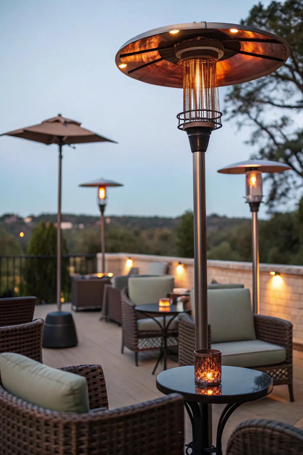 A patio that features heat lamps which makes it suitable for snug get-togethers at night.