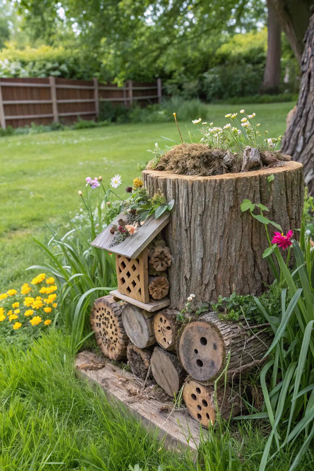 A bug abode made from a tree base promotes life in your garden.