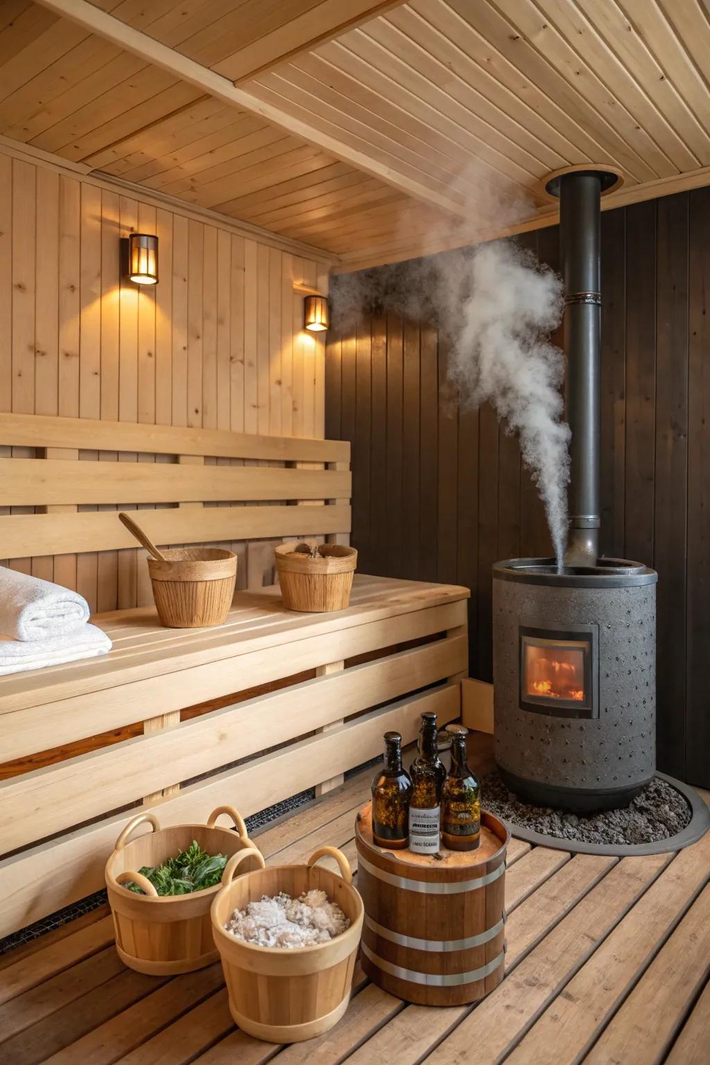 Therapeutic fragrances add an olfactory dimension to this sauna experience.