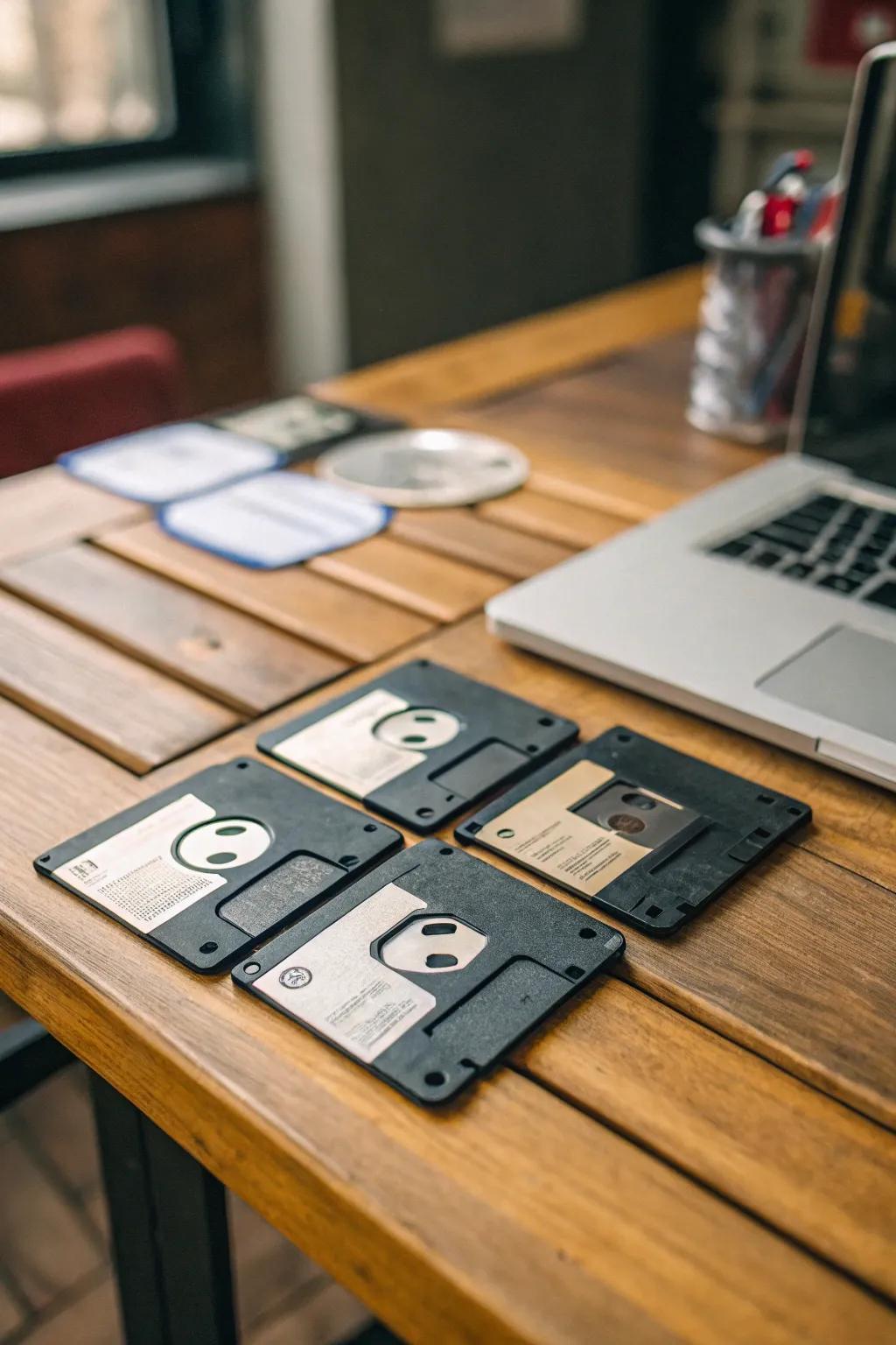 Floppy disk coasters bring a techy touch to the table.