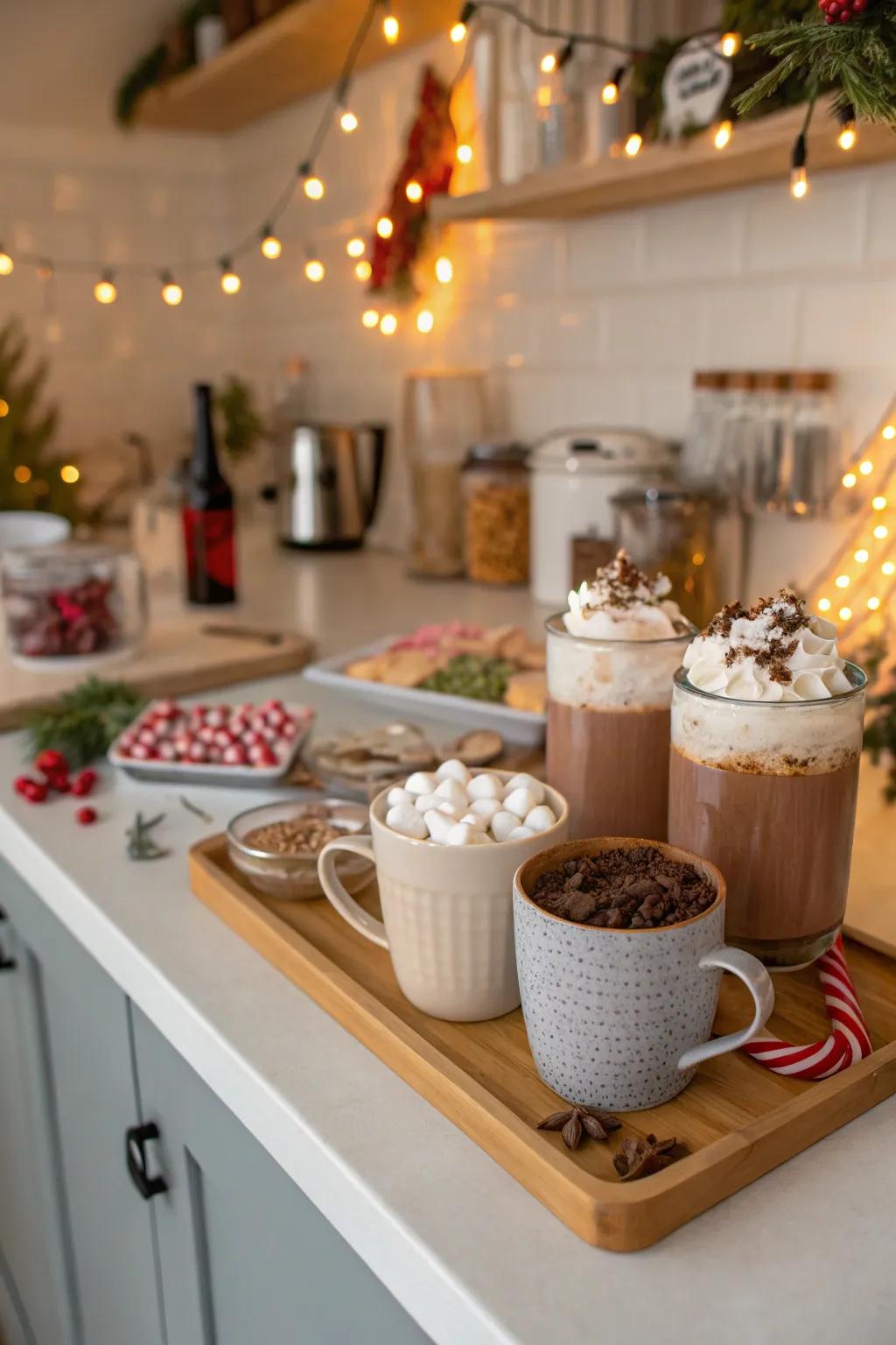 A comforting warm cocoa station for warming up housewarming guests