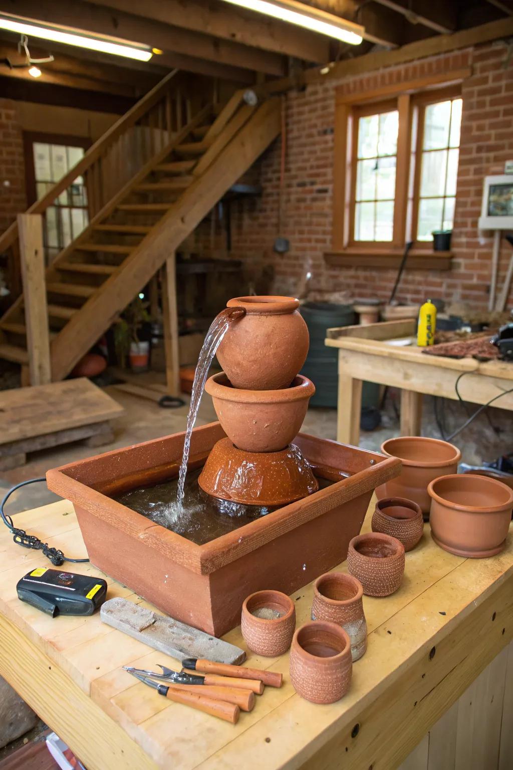 Do-it-yourself terracotta fountains provide charm and personal creativity.