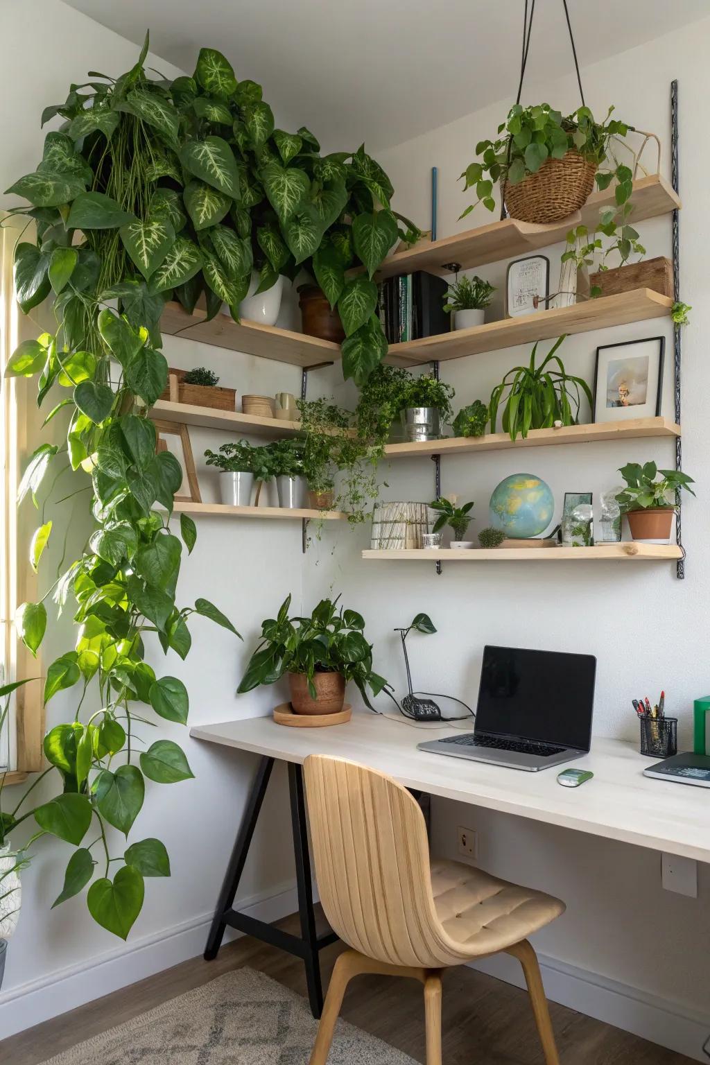 Revitalize workspaces with emerald vines on wall-affixed ledges.