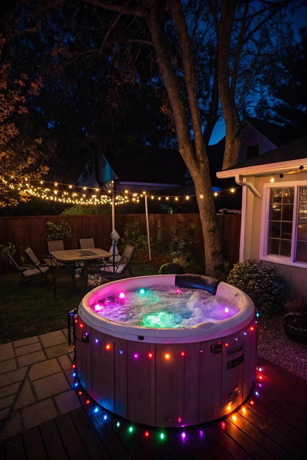 Unique lighting transforms the bubbling tub into a vibrant oasis.