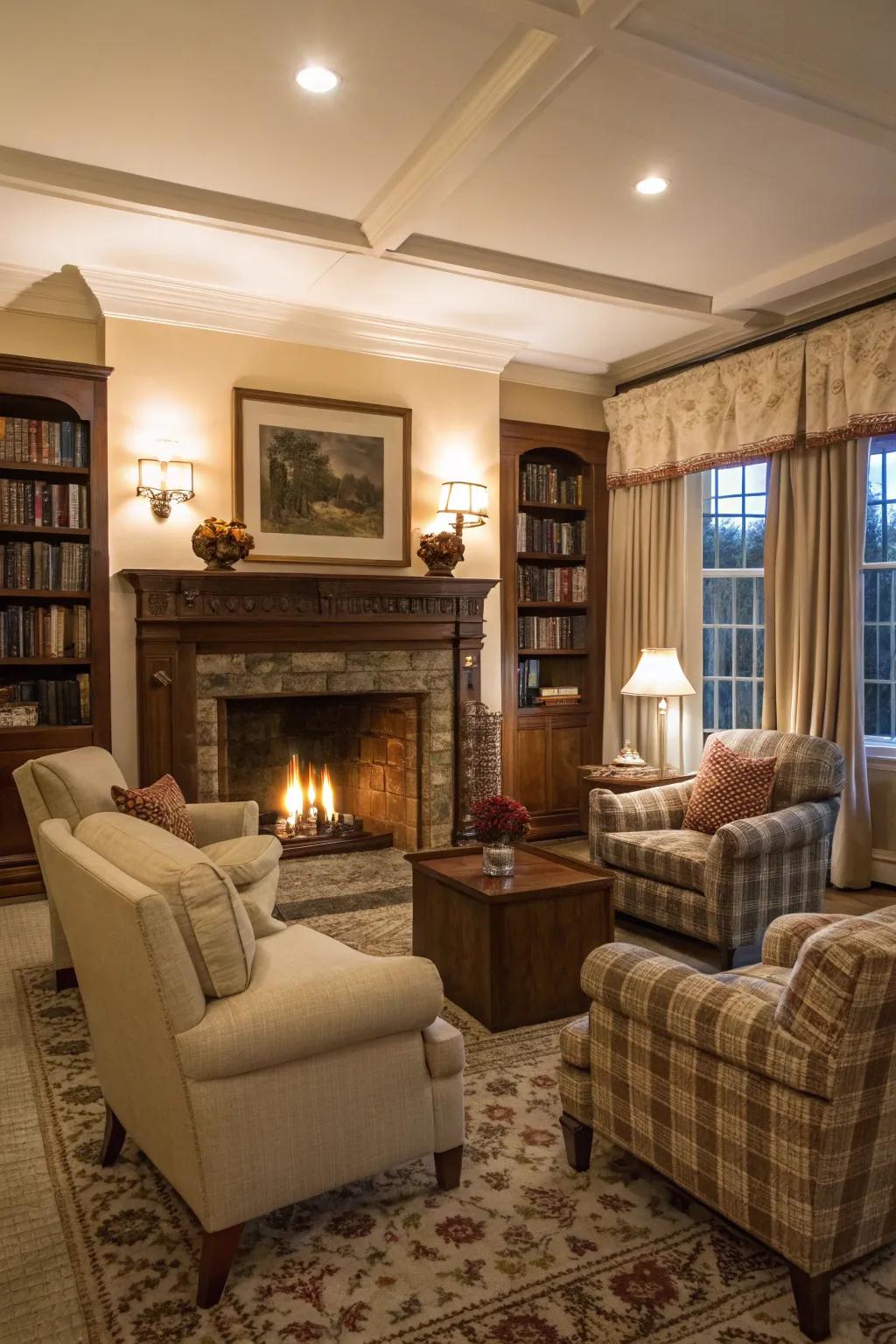 A fireplace setting invites warmth and conversation.