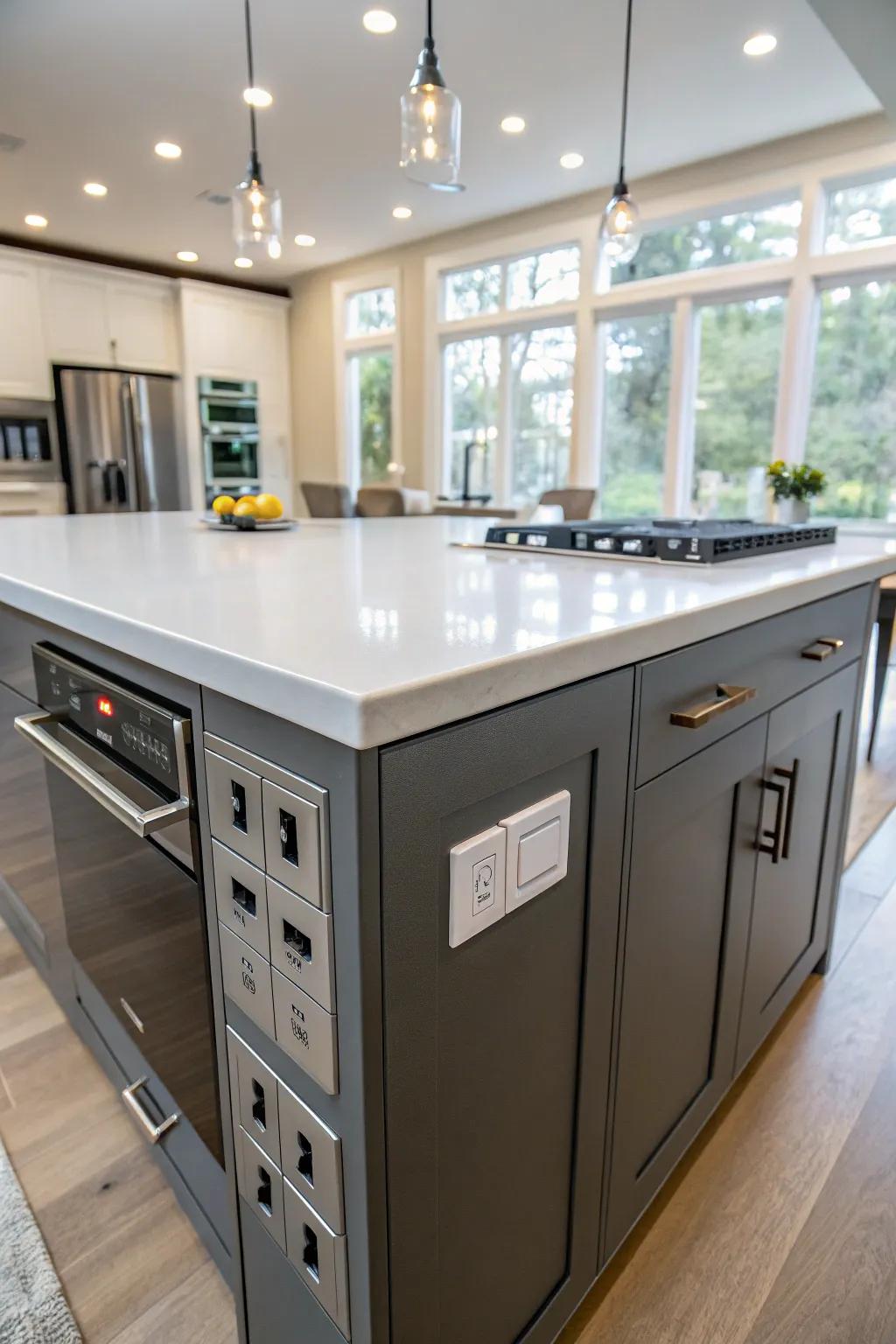 Smart island enhanced with built-in outlets for enhanced convenience.