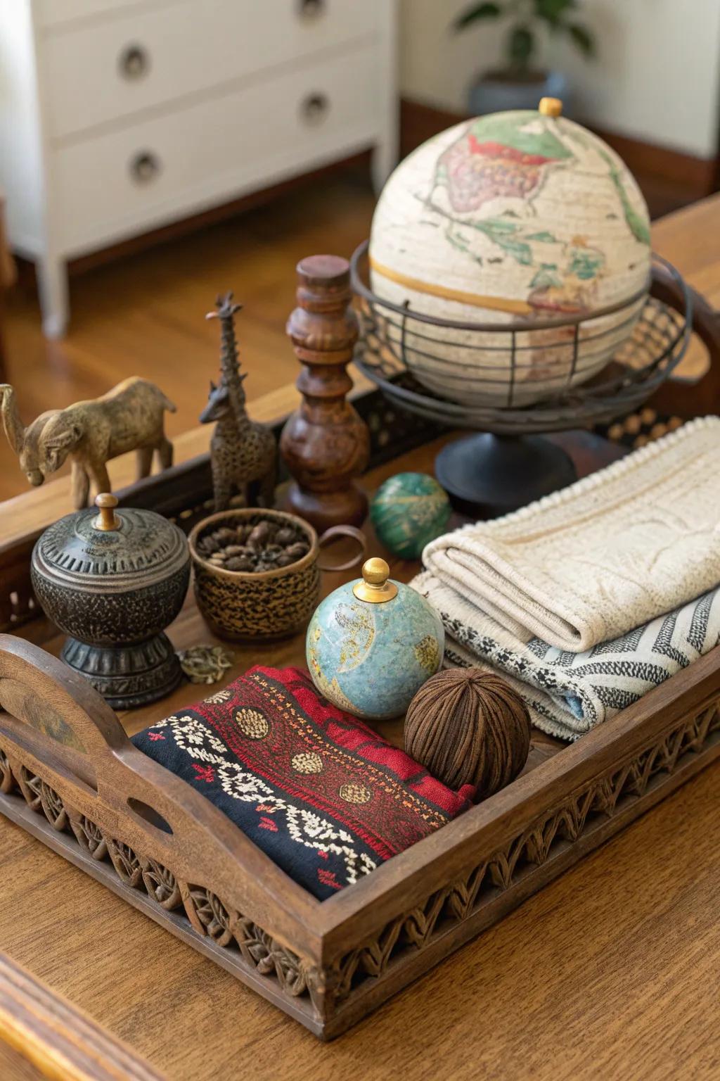 Global artifacts enrich kitchen decor with cultural diversity.