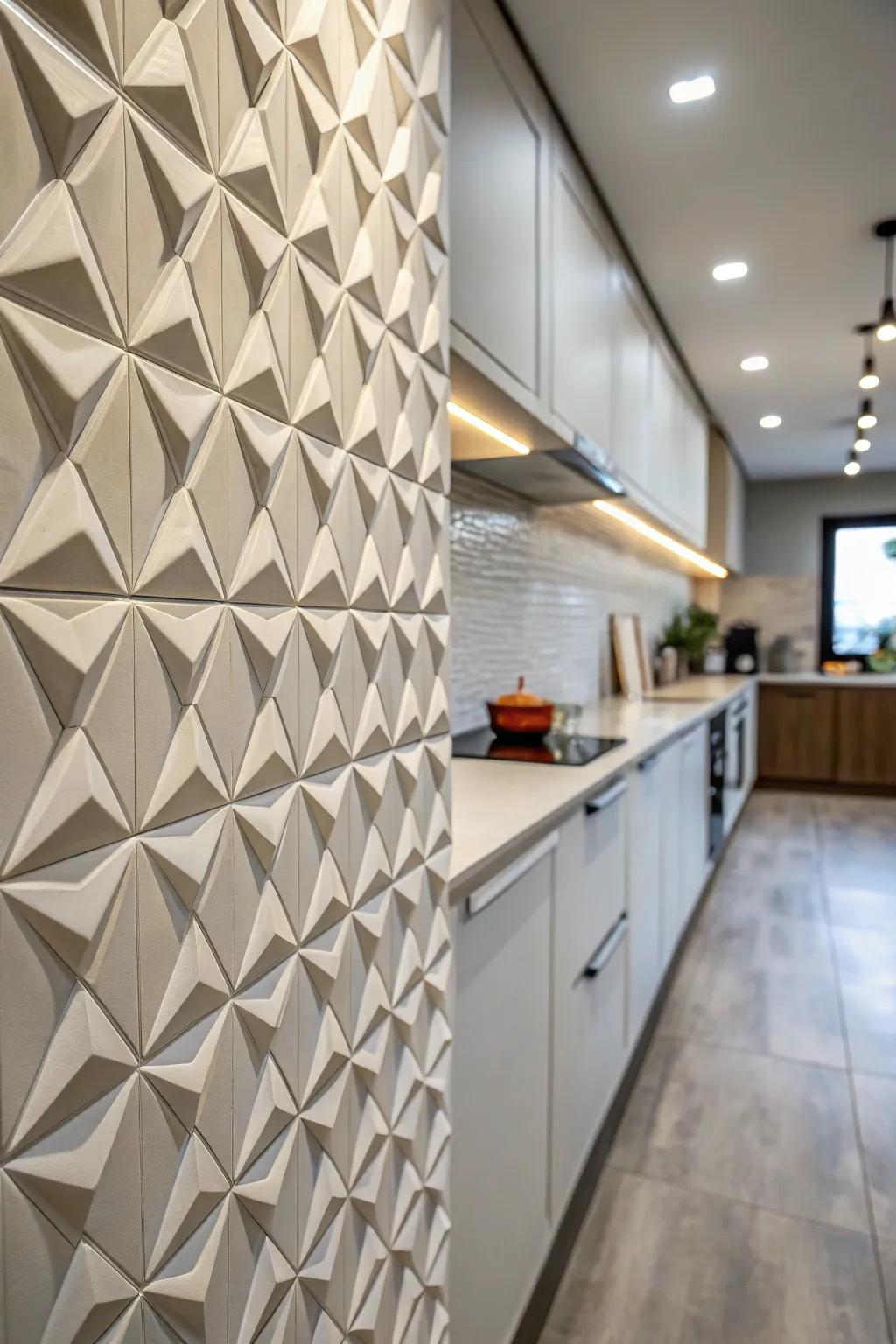 3-D tiles inject dynamic depth and intrigue to this kitchen wall.