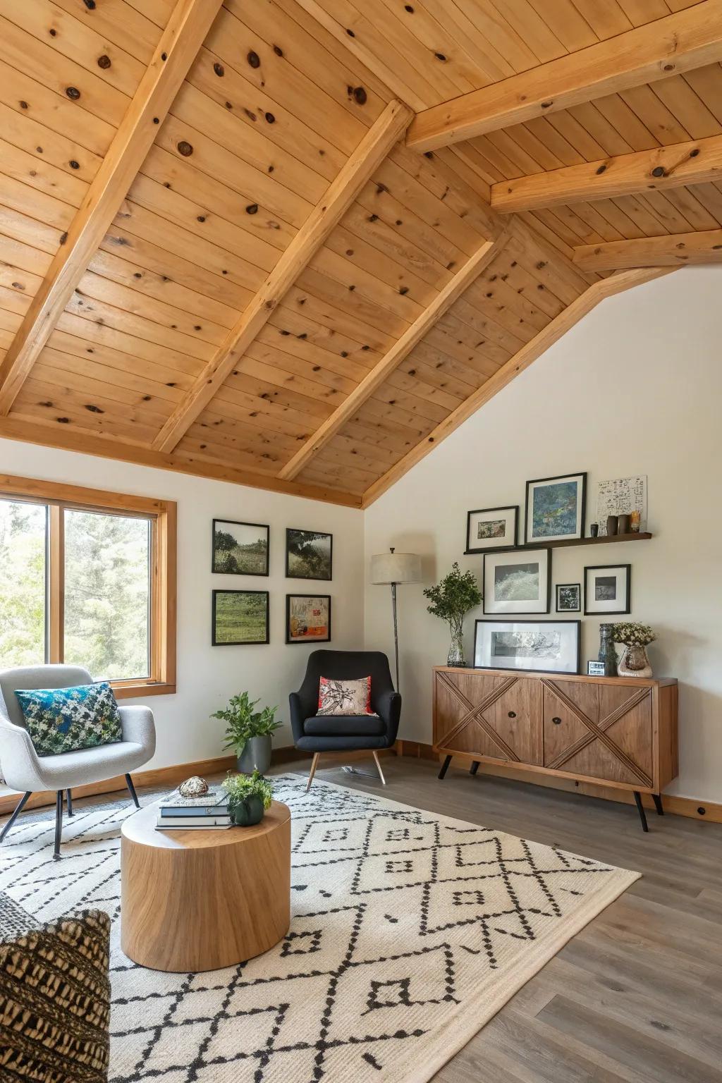A creative room where a diagonal wood-clad ceiling adds sophistication.