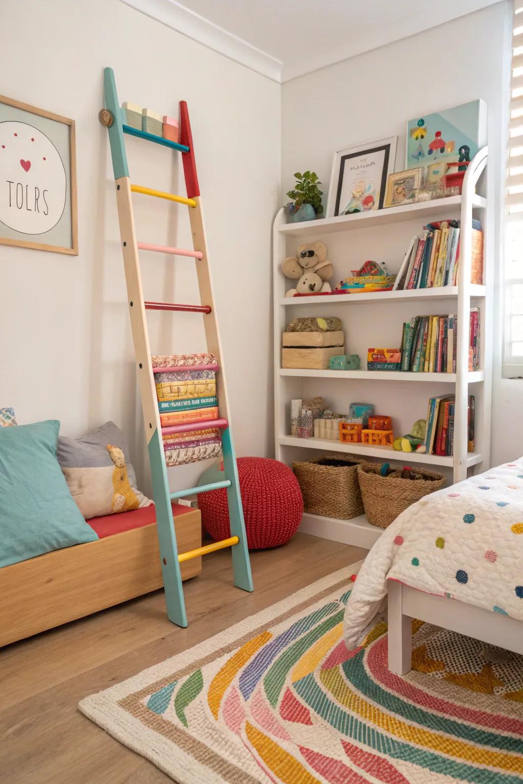 A ladder organizer introduces fun and function to a youth space.