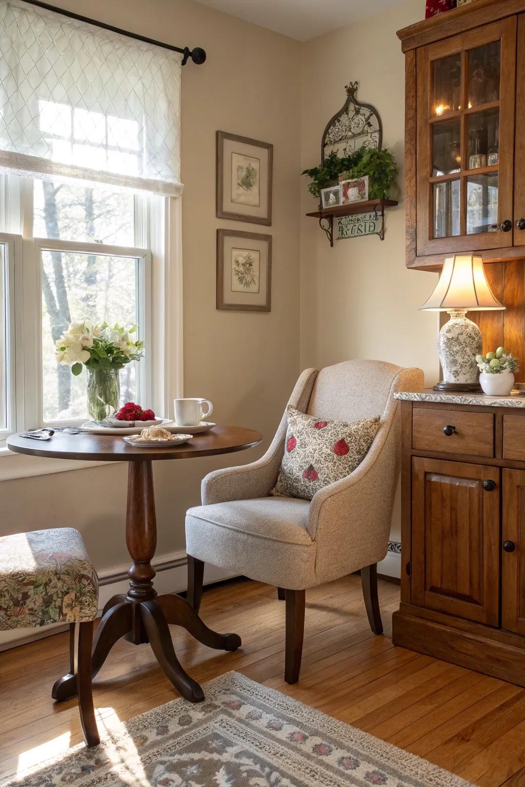 A coffee spot contributes a charming and functional element.