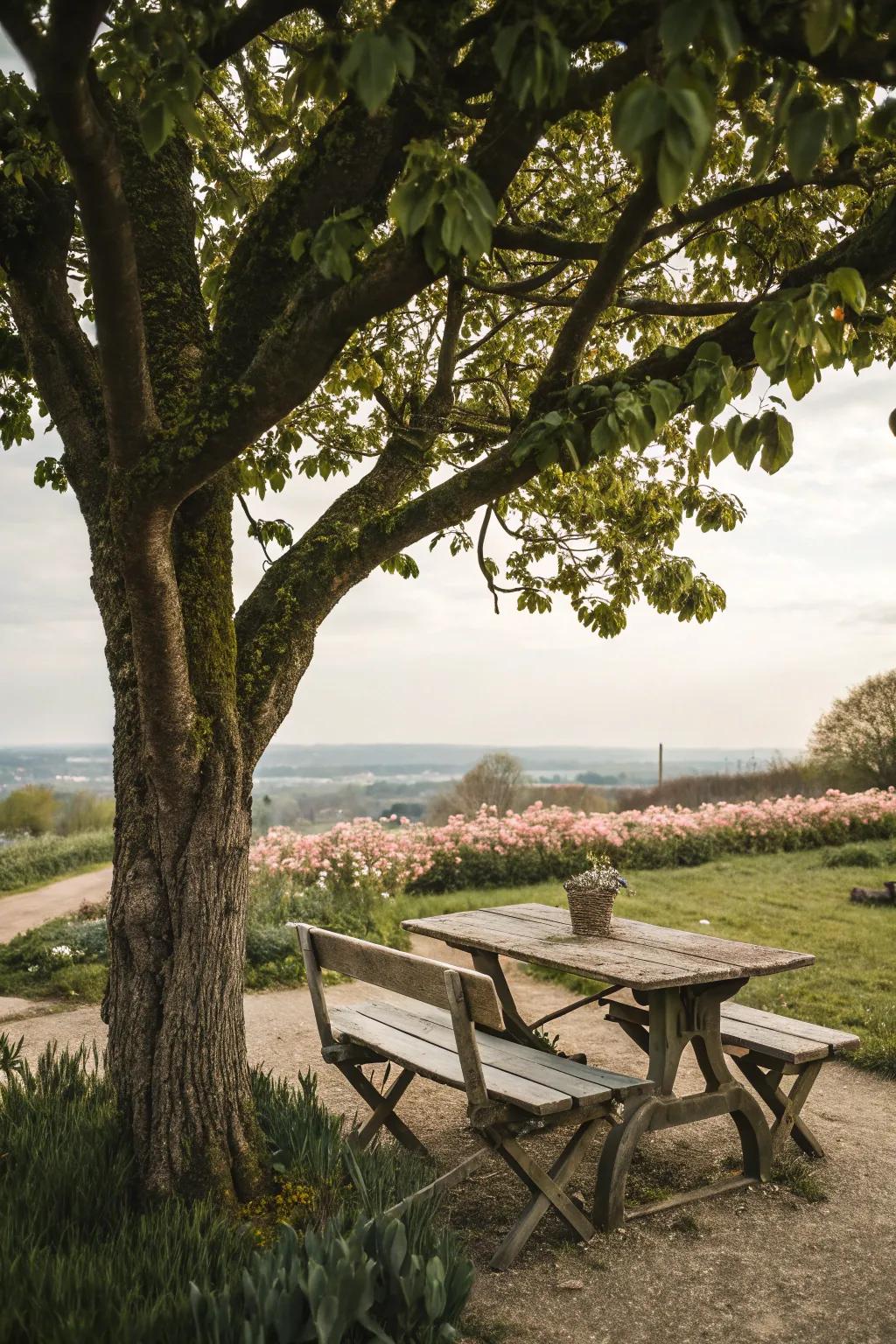 A resting zone beckons you to unwind and relish the garden's allure.