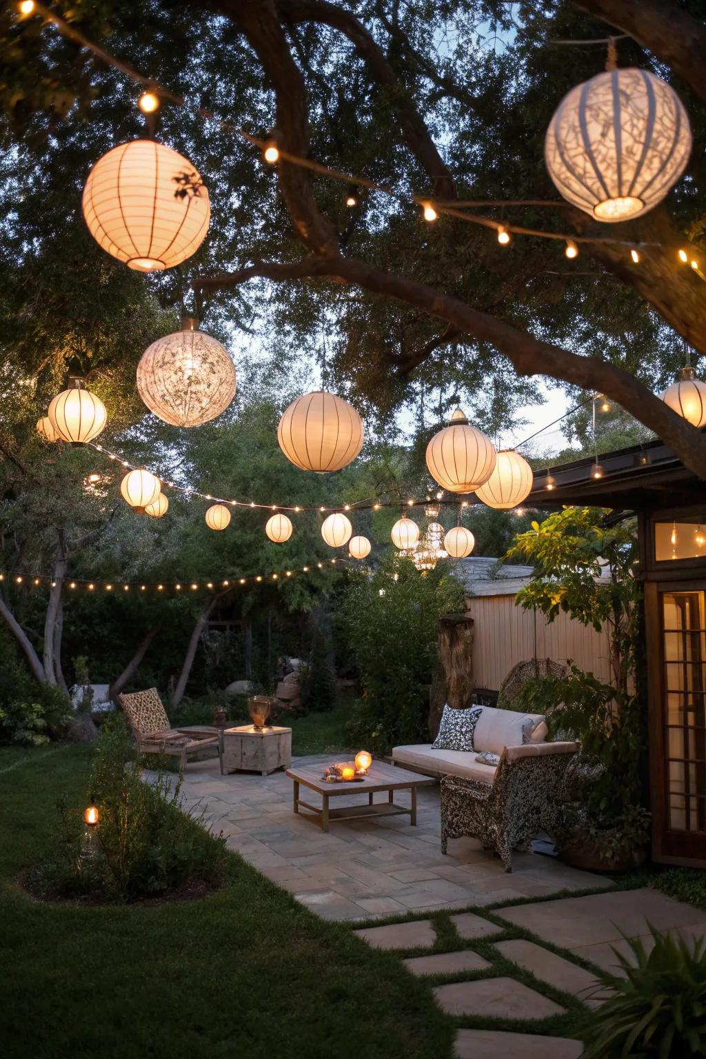Suspended lanterns impart a magical nuance to exterior spaces.