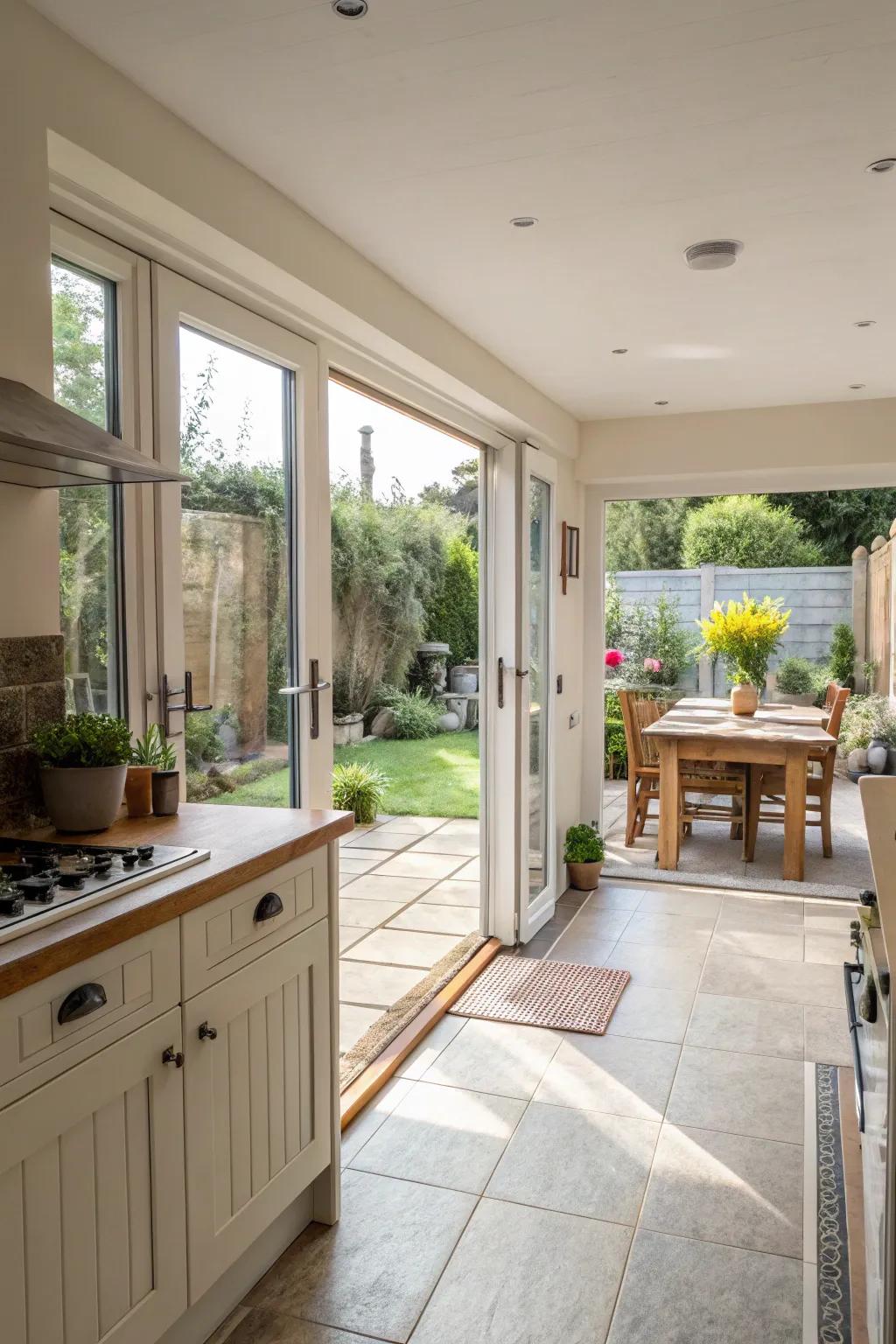 A kitchen with sliding glass doors for seamless indoor-outdoor flow.