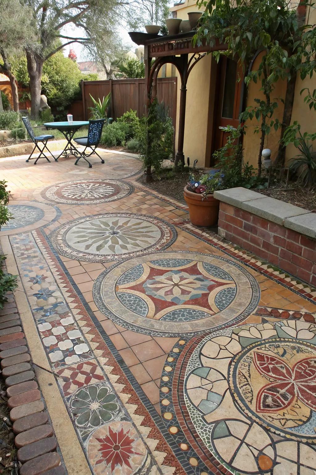 Mosaic designs turn a patio into a work of art.