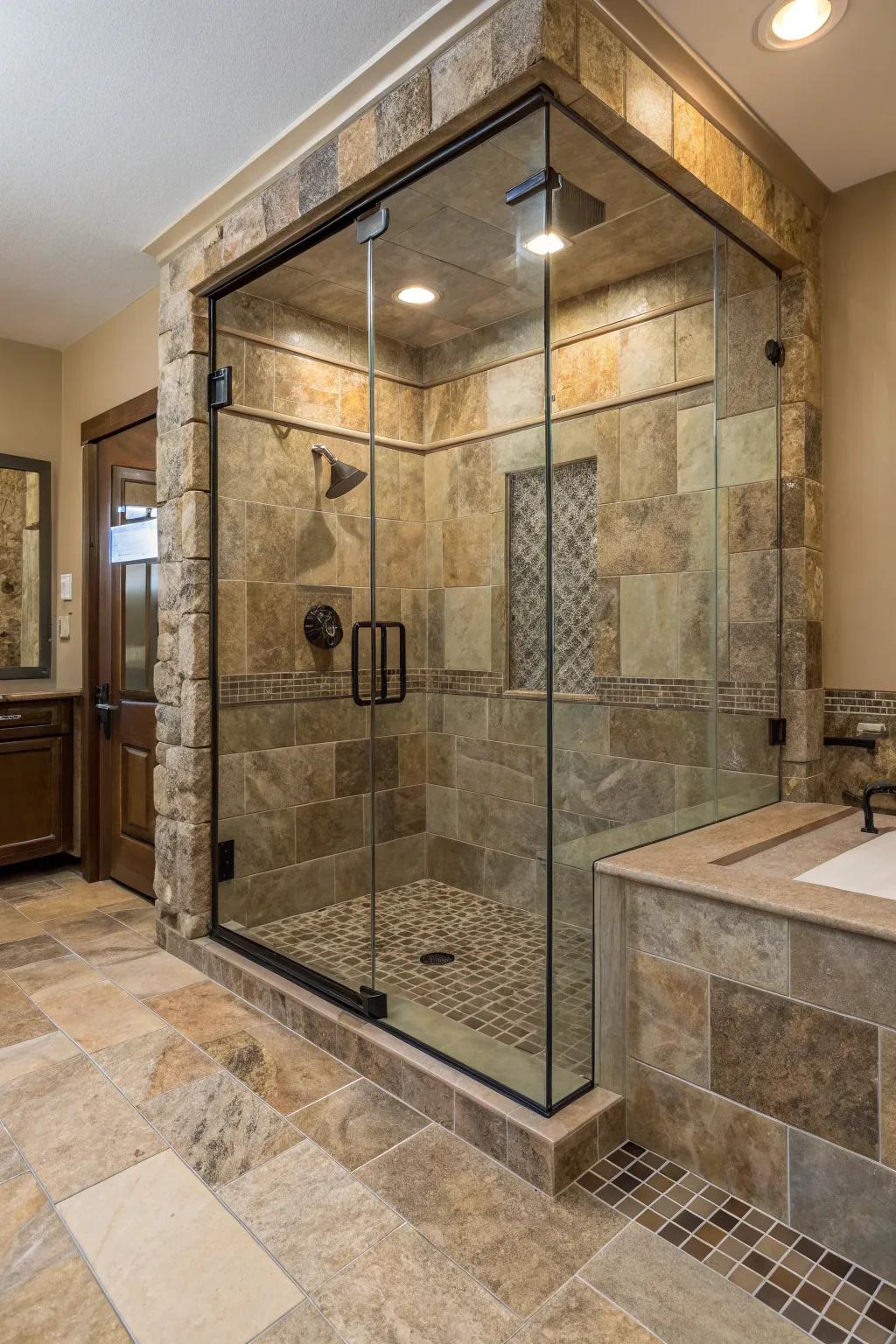 Mixing adds charm to tile showers.