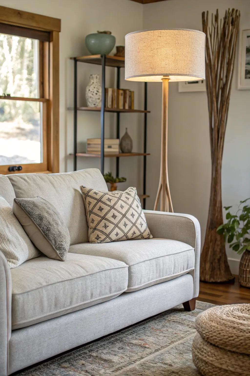 Stylish lamps elevate the visual sense when using a light grey couch.