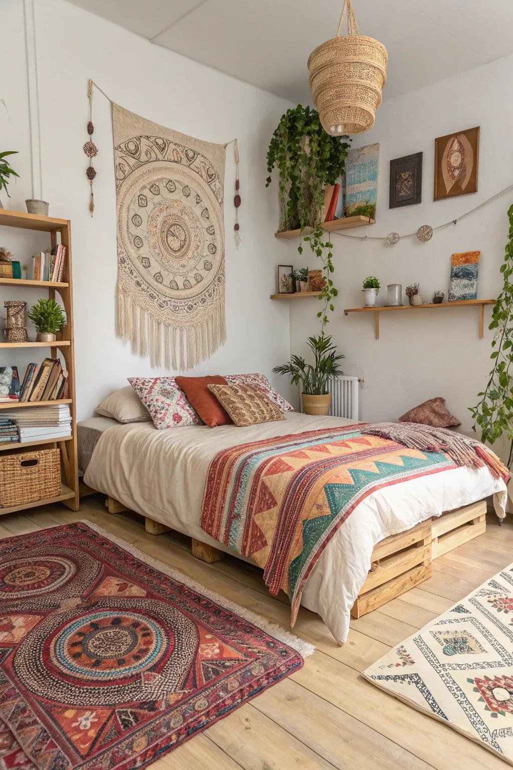 A bohemian atmosphere scattering color and energy throughout a light wood floor bedroom.
