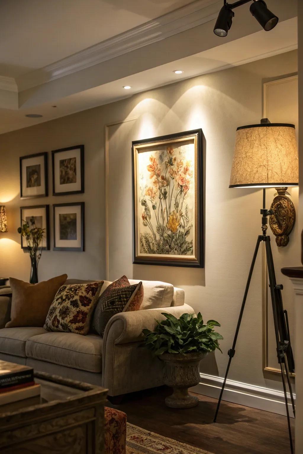 Lighting can enhance the drama and focus on corner decor.
