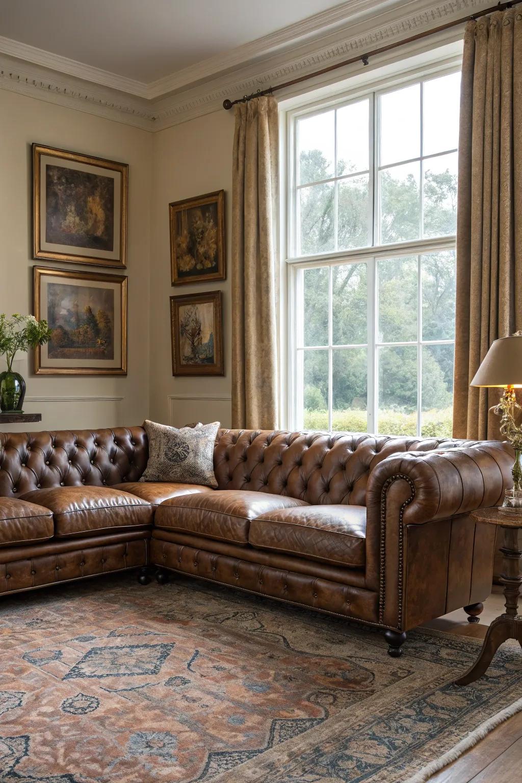 A Chesterfield sectional adds timeless sophistication.