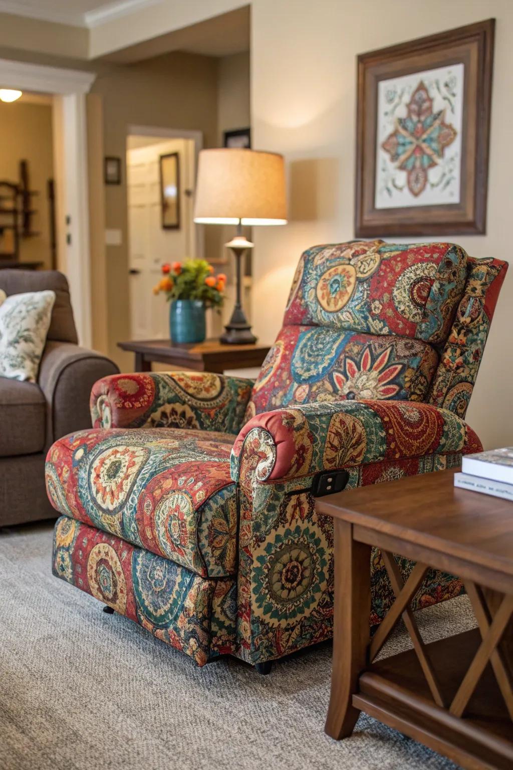 A lively living area with a patterned recliner that adds character.