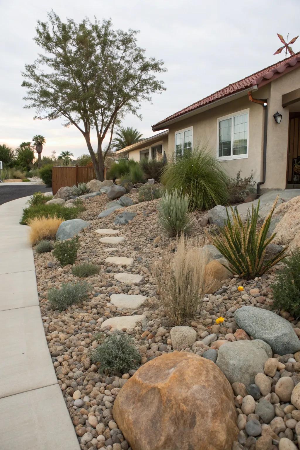 Environmentally sound materials improve the sustainability of a xeriscape garden.