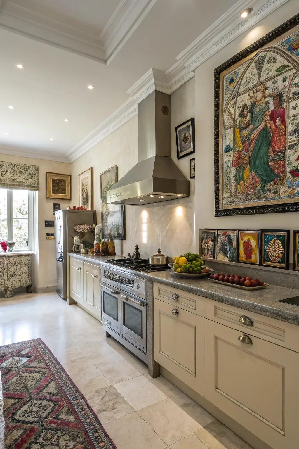 Eclectic art pieces personalize the kitchen space.