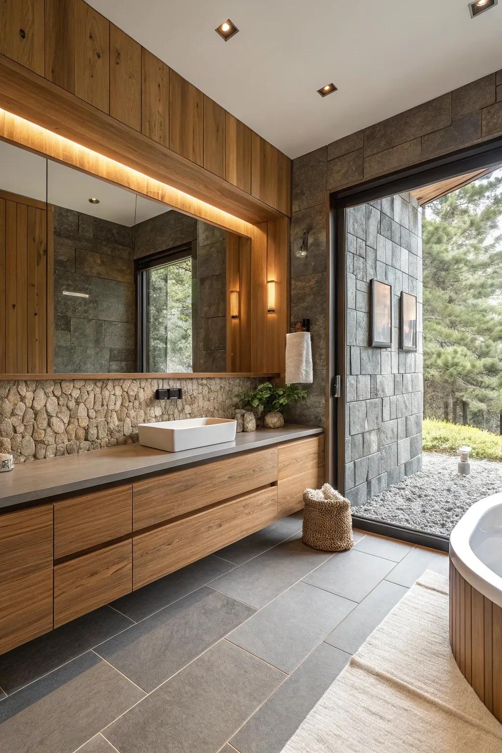 A contemporary bathroom featuring natural components like wood and stone.