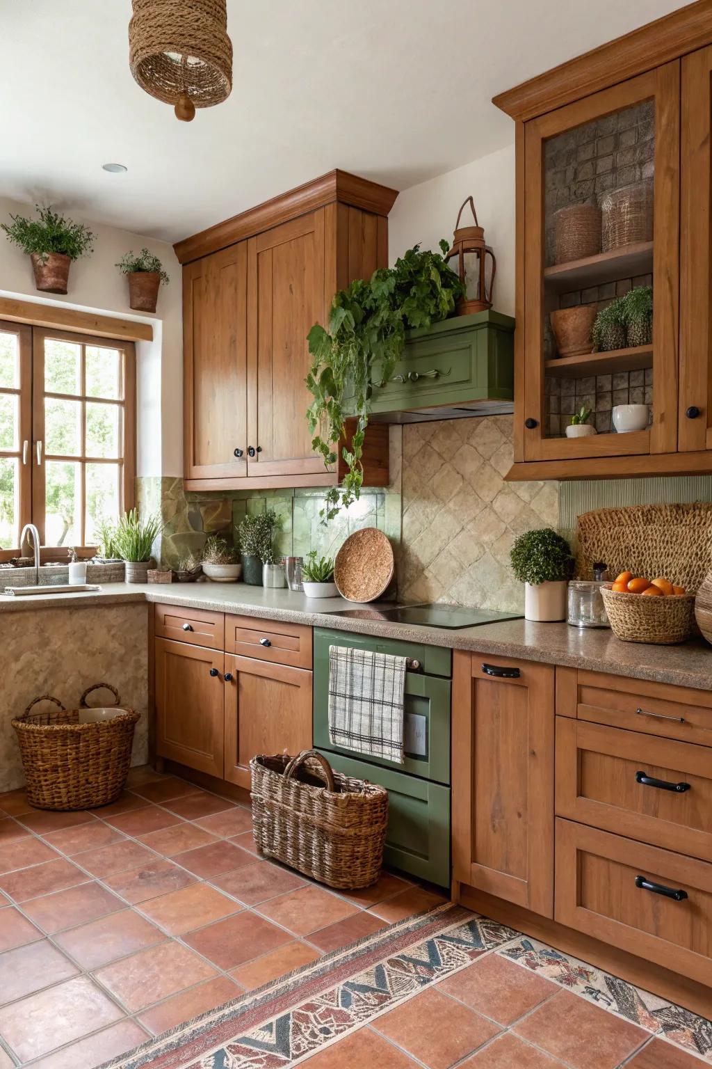 A warm kitchen with birch units and earthy tones for a calming atmosphere.