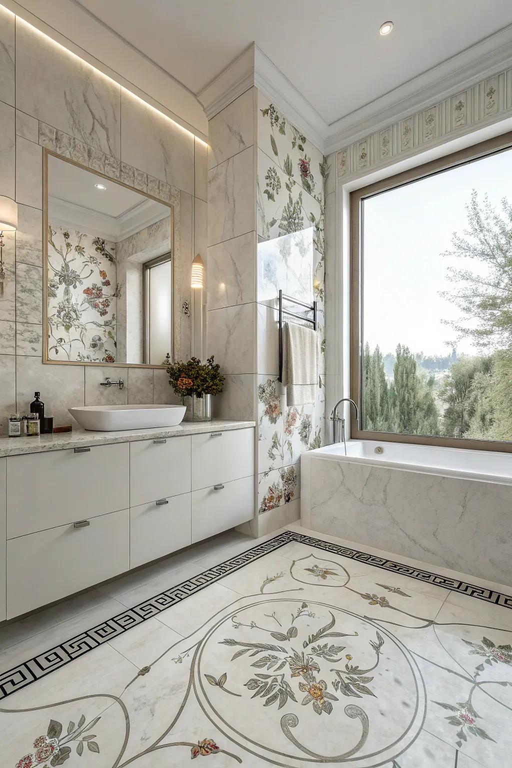Chic floral artificial marble stone surfaces add a whimsical touch to the bathroom.